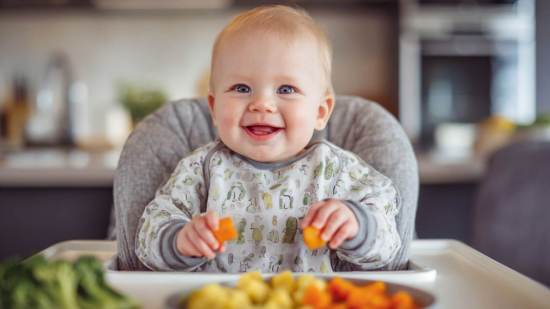 Bebé feliz en su trona practicando Baby-led Weaning con brócoli, zanahoria y patata cocida.