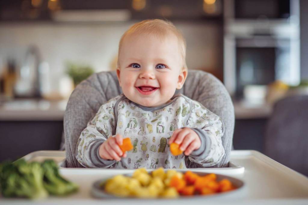 Bebé feliz en su trona practicando Baby-led Weaning con brócoli, zanahoria y patata cocida.