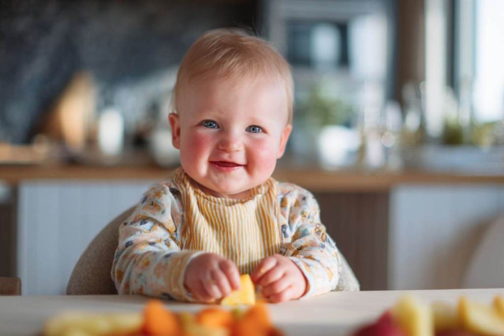 Bebé comiendo de forma autónoma trozos de zanahoria y patata en Baby-led Weaning.