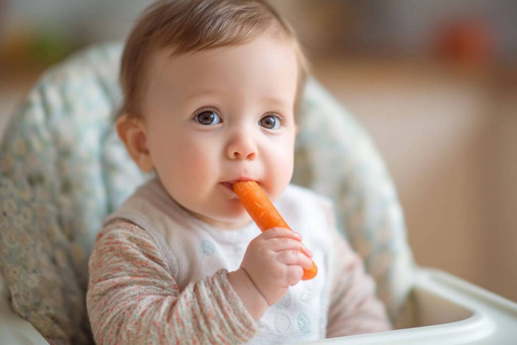 bebé aprendiendo a comer solo con zanahoria cocida en Baby-Led Weaning.