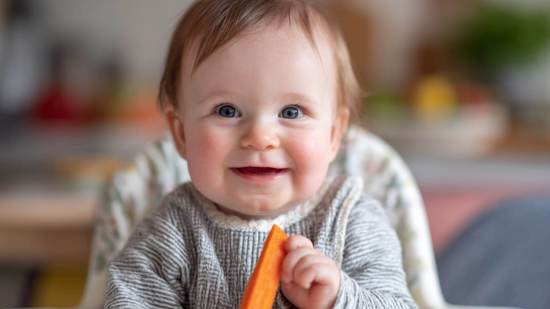 bebé de 6 meses comiendo zanahoria cocida con método Baby-Led Weaning.