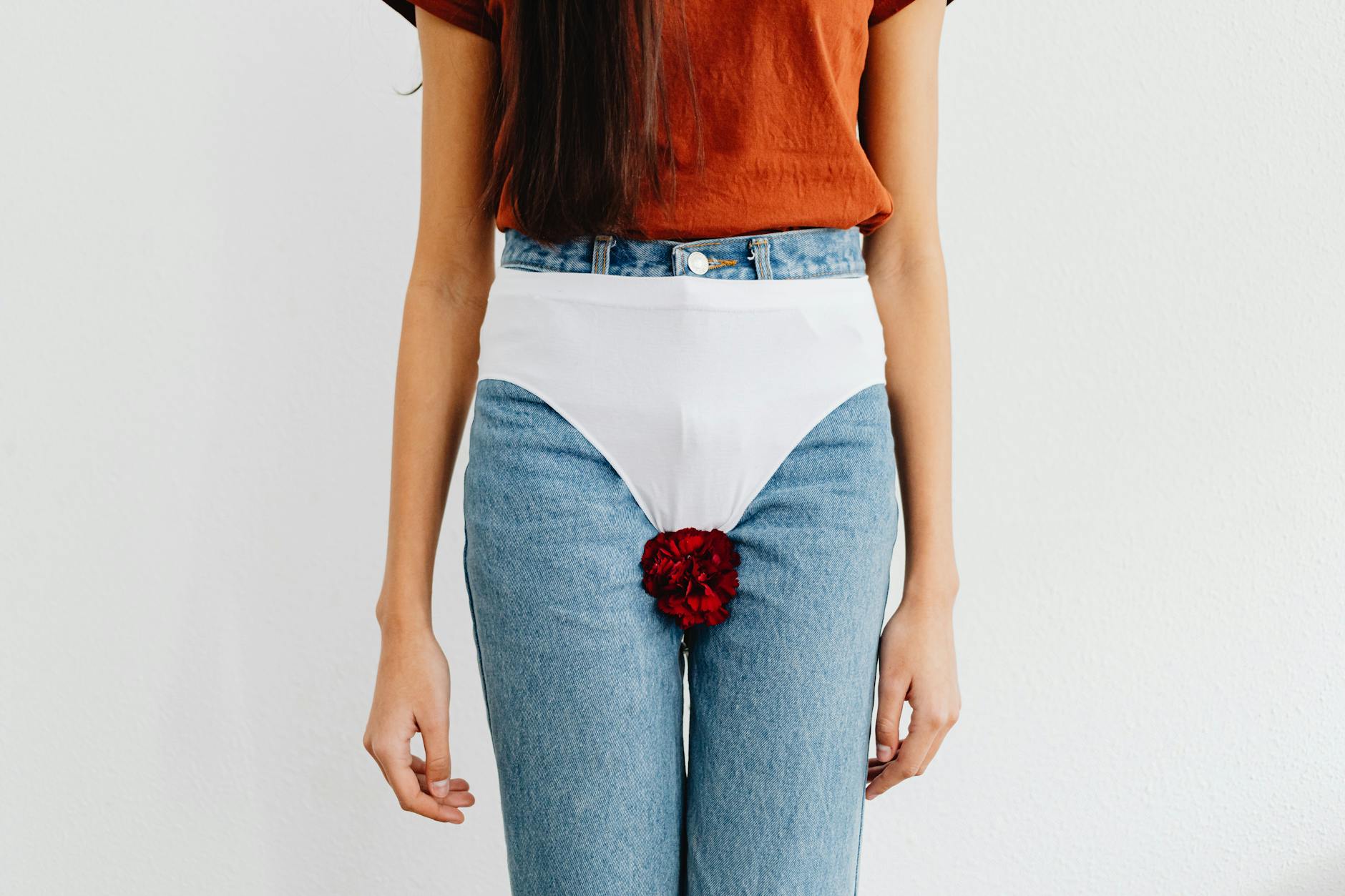 woman with white panties on jeans