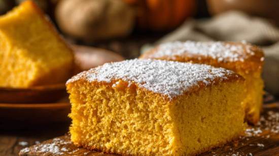 Trozo de coca de calabaza esponjosa con azúcar glas sobre tabla de madera, postre casero de otoño.