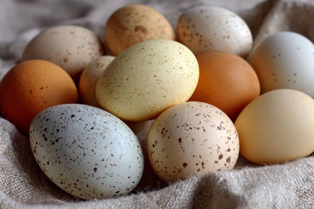 Huevos frescos de diferentes tonalidades y texturas sobre fondo de tela natural.