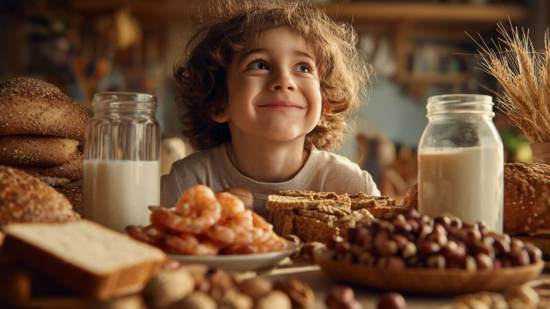 Niño sonriente en una mesa con leche, pan, camarones y frutos secos, ejemplos de alimentos que pueden provocar alergias infantiles.