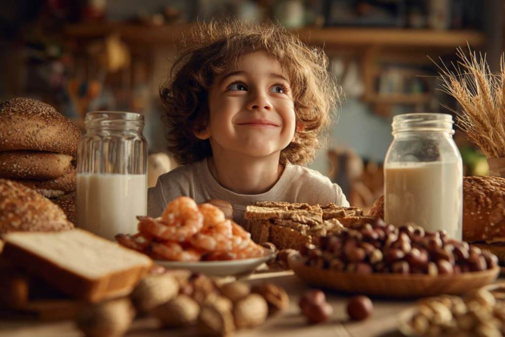 Niño sonriente en una mesa con leche, pan, camarones y frutos secos, ejemplos de alimentos que pueden provocar alergias infantiles.