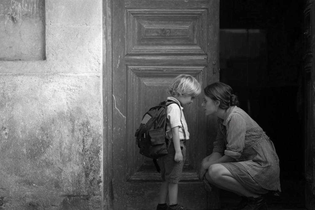 Niño pequeño con mochila llorando frente a la puerta del colegio, acompañado por su madre que lo consuela.