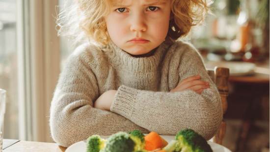 Niña de unos 4 años, con expresión seria y brazos cruzados, sentada frente a un plato con brócoli y zanahorias, en una mesa iluminada por luz natural.