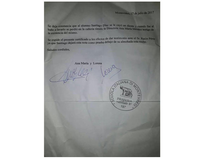 La carta que certifica al Ratoncito Pérez que un niño perdió su diente