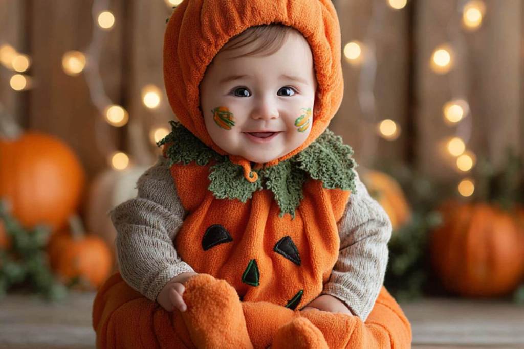 Un bebé disfrazado y maquillado de calabaza