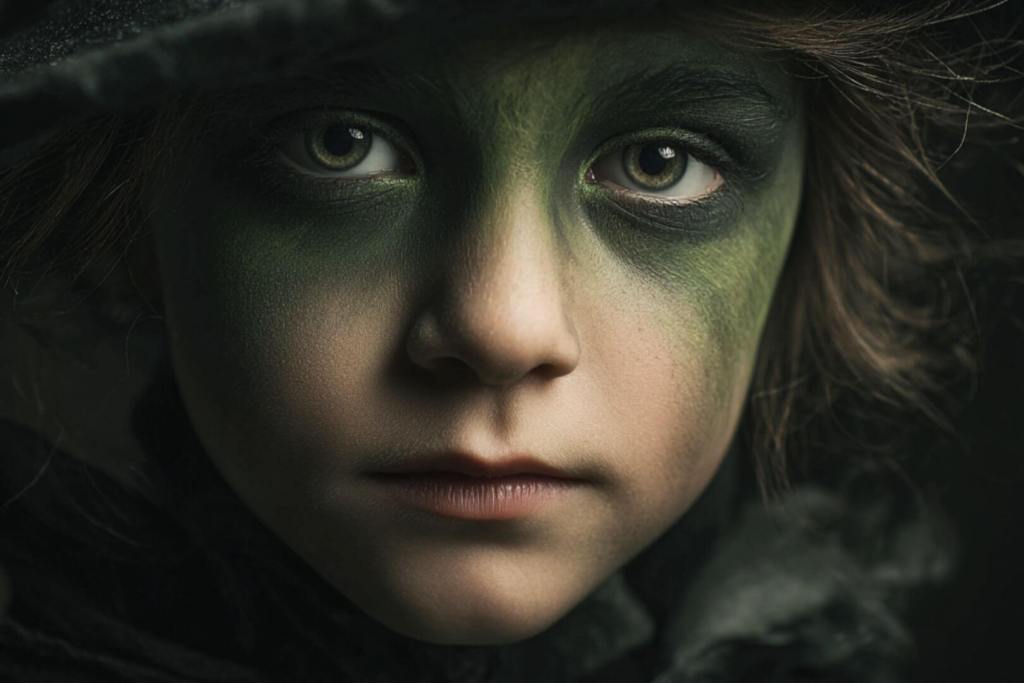 Primer plano de niña con maquillaje verde y sombrero de bruja.