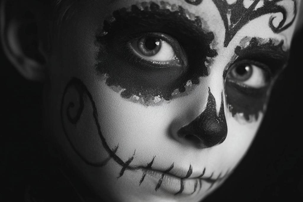 Un niño disfrazado de esqueleto por Halloween.