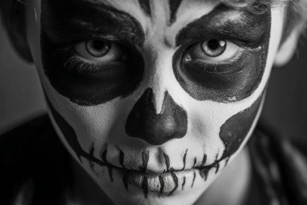 Primer plano de niño con maquillaje artístico de esqueleto.