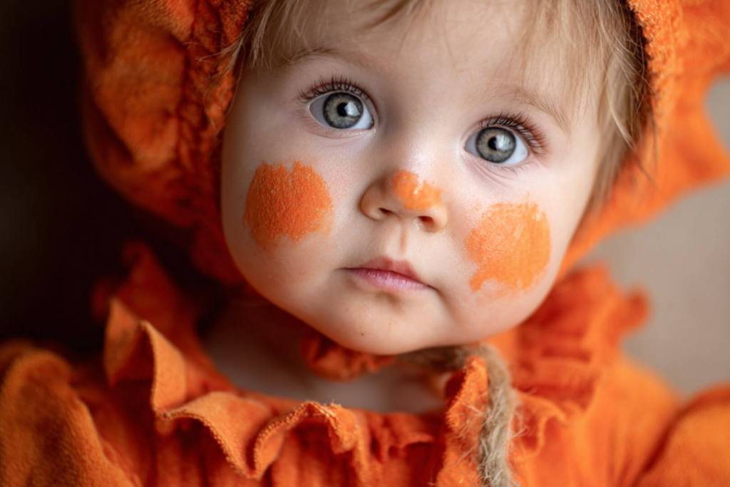 Bebé disfrazado de calabaza con maquillaje infantil naranja en las mejillas.