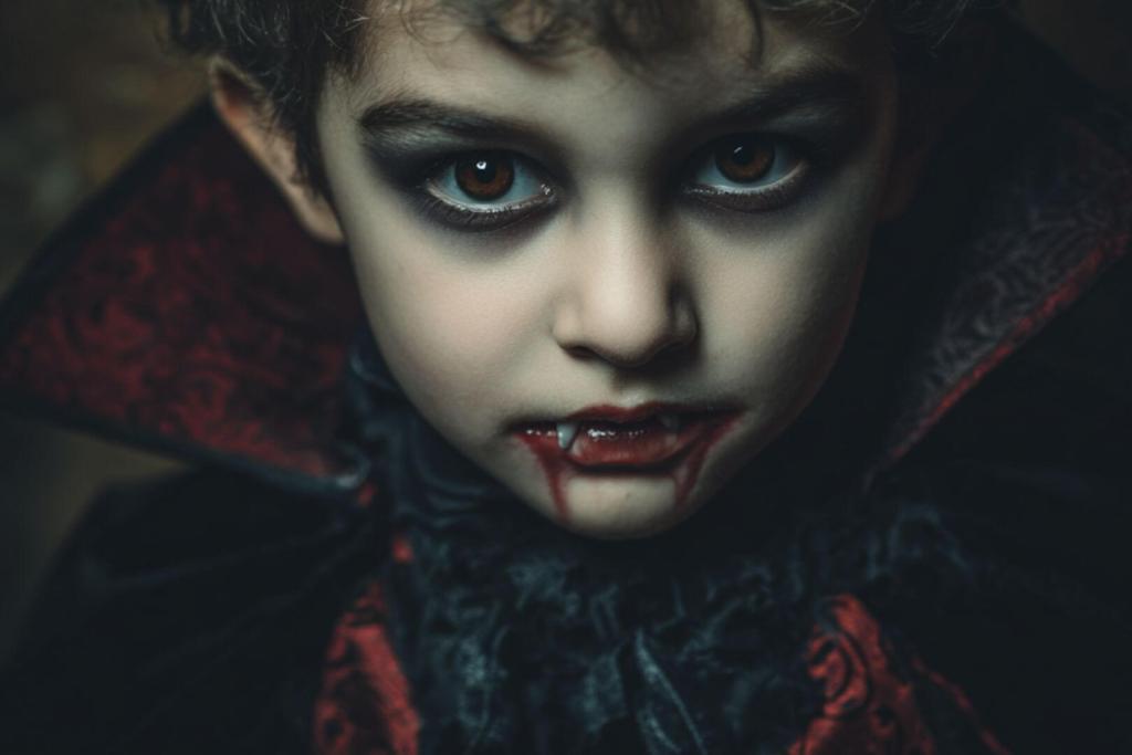 Niño con disfraz de Drácula y maquillaje tenebroso con sangre en la boca.