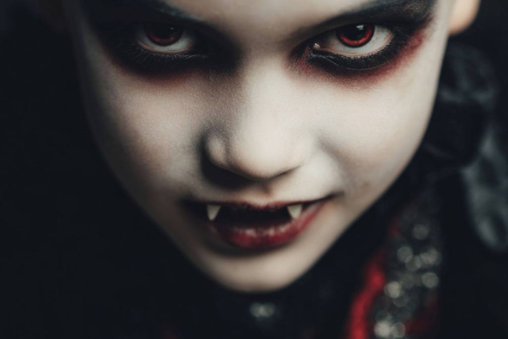 Primer plano de niño maquillado de vampiro con piel blanca y colmillos.