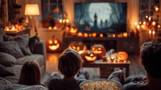 Familia en el salón viendo una película en televisión, con decoración de Halloween, calabazas talladas, luces y cuenco de palomitas.