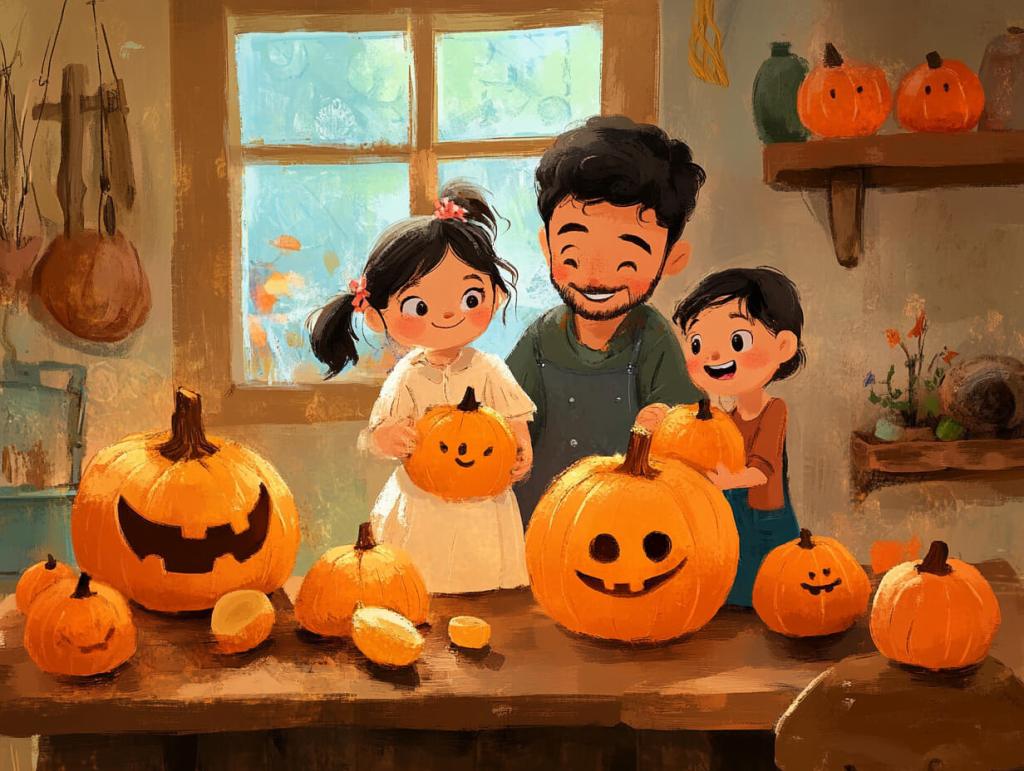 Una familia haciendo manualidades con calabazas (imagen: R.G.)