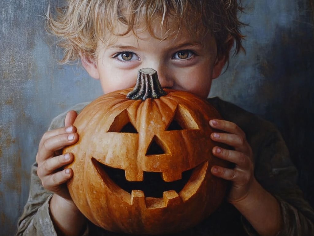 Un niño juega con una calabaza de Halloween