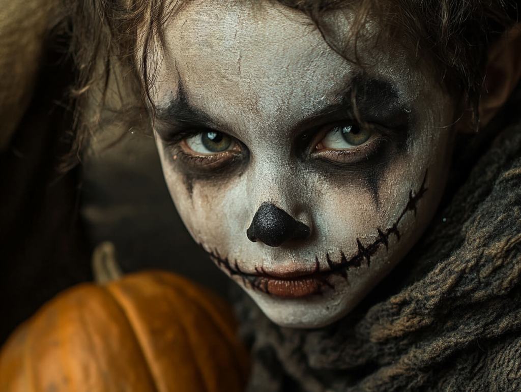 Un niño con maquillaje de una calavera de Halloween