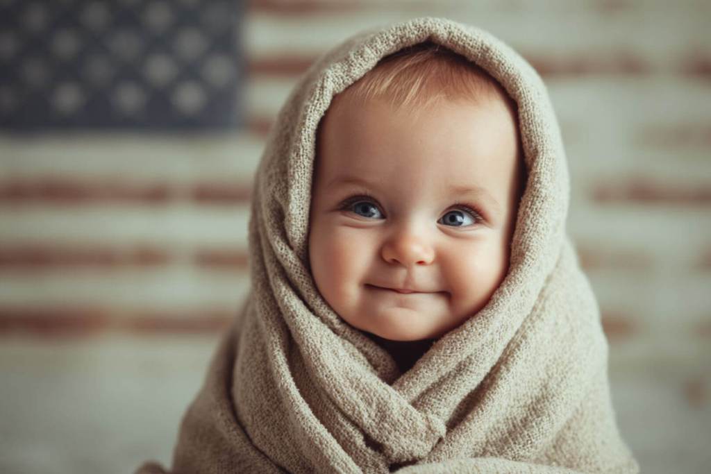 Bebé envuelta en una manta beige con la bandera de Estados Unidos al fondo, simbolizando la cultura americana y la identidad infantil.