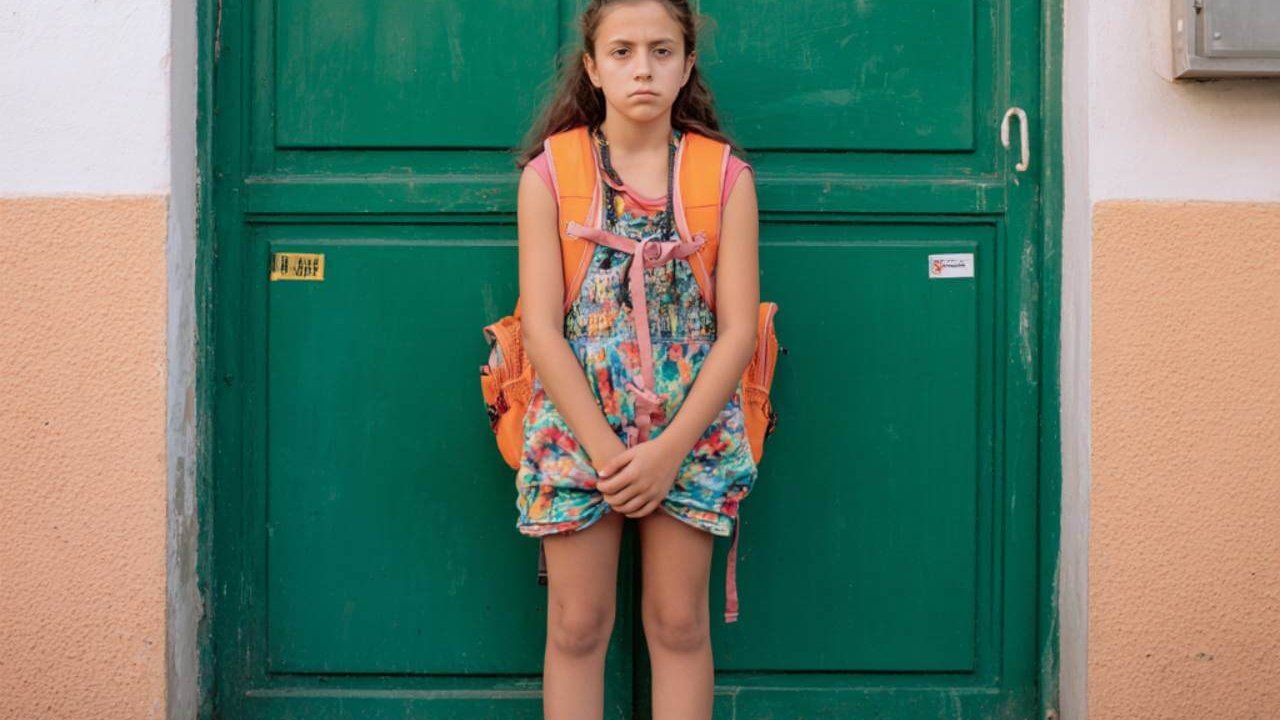 Niña con mochila escolar frente a una puerta verde antes de ir al colegio sola.