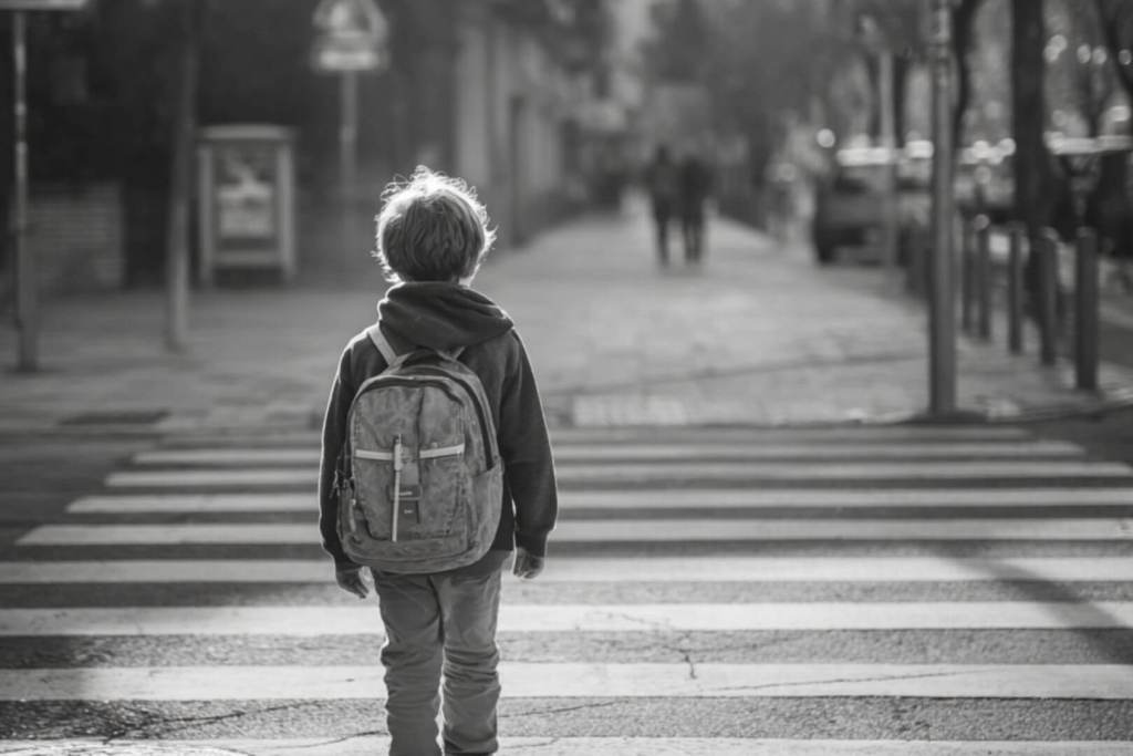 Niño con mochila cruzando solo un paso de peatones camino al colegio.