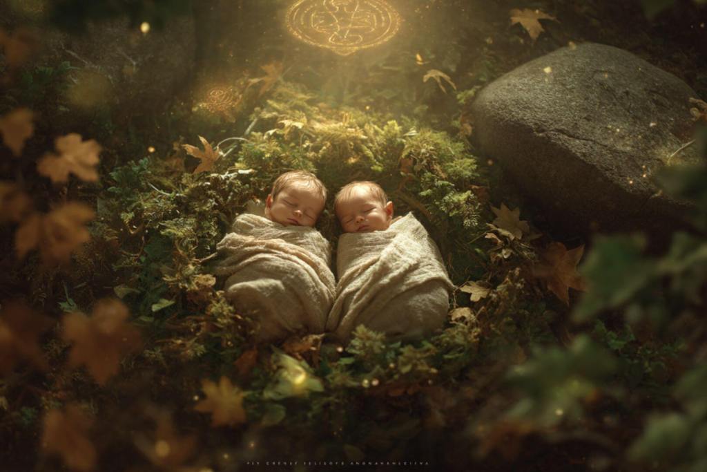 Gemelos dormidos sobre musgo y hojas, con luz cálida y símbolos celtas brillando.
