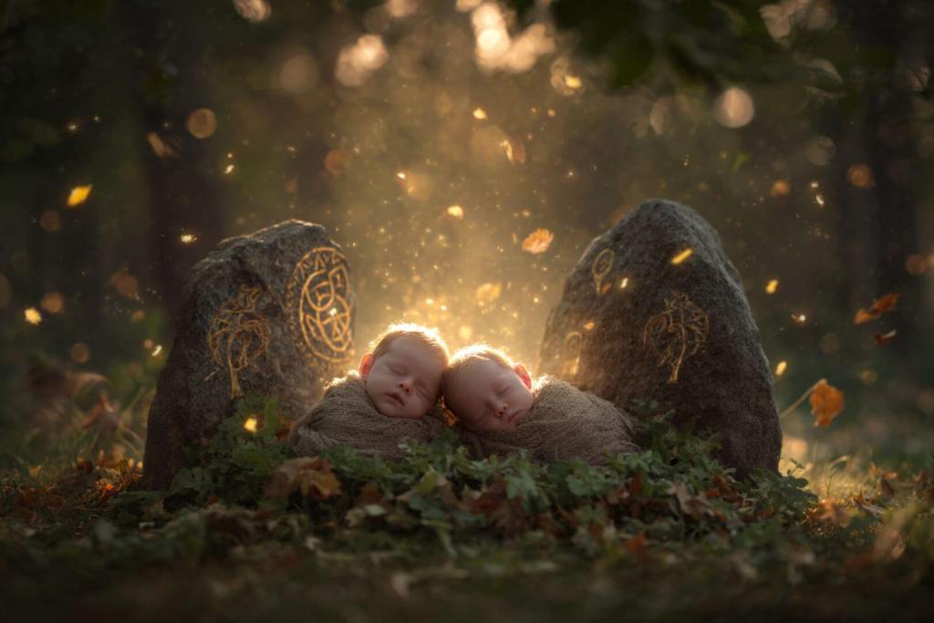 Bebés dormidos junto a piedras con runas celtas, en bosque otoñal iluminado.
