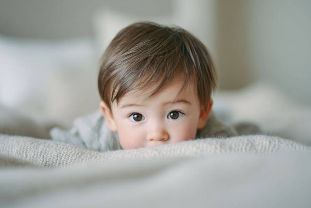 Bebé niño tumbado bajo manta clara con expresión curiosa