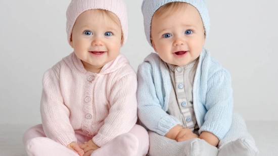 Bebé niña y bebé niño sentados juntos con ropa de punto rosa y azul