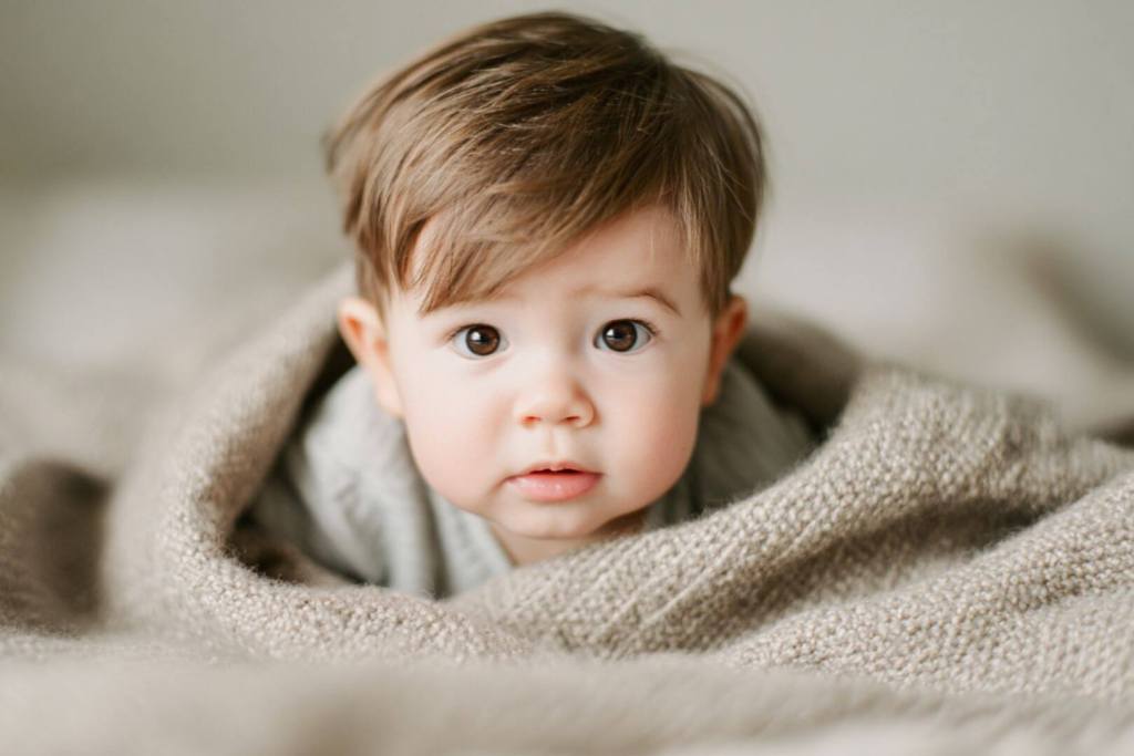 Bebé niño con ojos grandes y manta beige, mirando a cámara