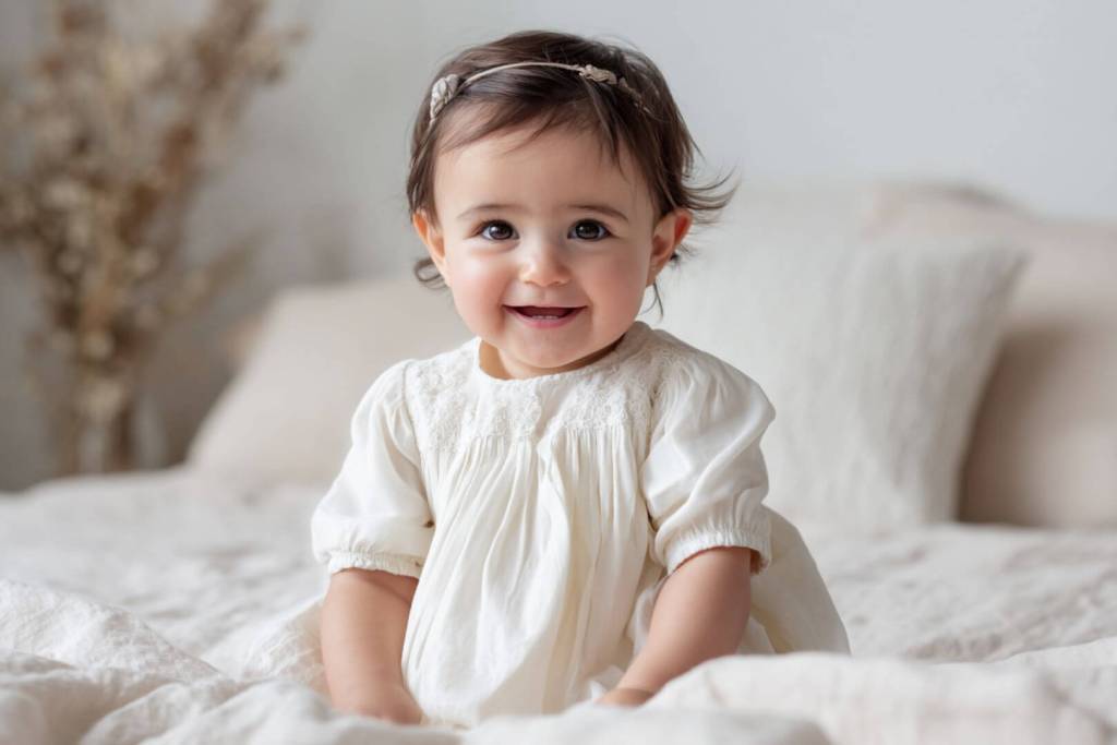 Bebé niña sentada en la cama con vestido blanco y lazo en el pelo