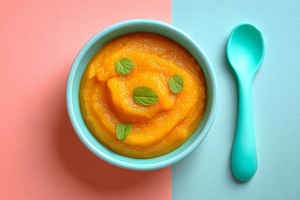 Puré de calabaza en bol azul con hojas de menta y cuchara de silicona.