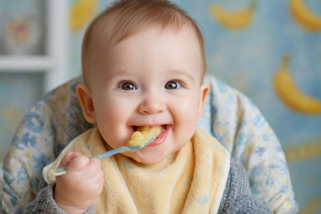 Bebé comiendo papilla de frutas con cuchara azul.