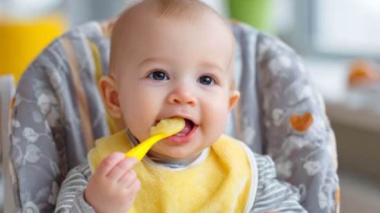 Bebé con babero amarillo comiendo puré con cuchara amarilla