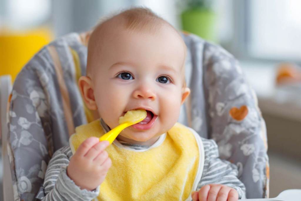 Bebé con babero amarillo comiendo puré con cuchara amarilla