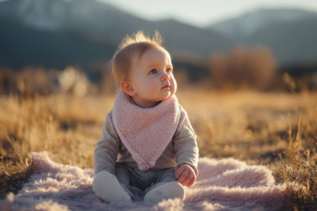 Bebé al aire libre con pañuelo rosa, paisaje de fondo y luz cálida, ideal para ilustrar el nombre Aitana