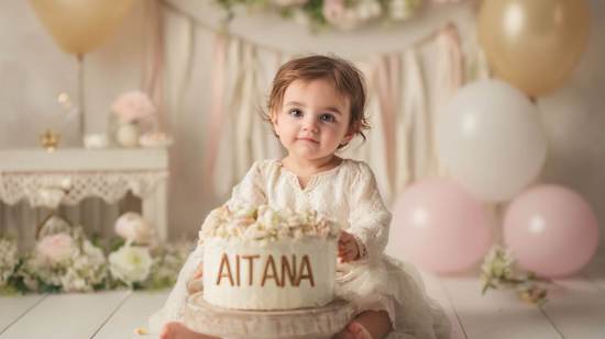 Bebé niña con expresión tierna en un entorno cálido y natural, acompañada de detalles decorativos con el nombre Aitana