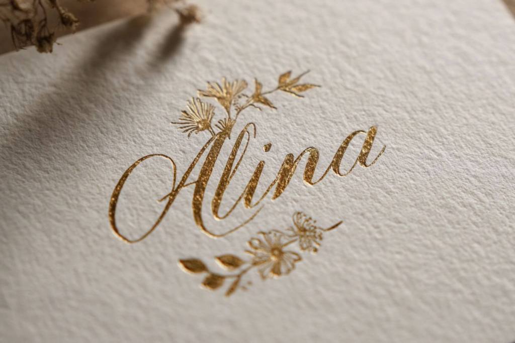 Caligrafía dorada con el nombre Alina sobre papel texturizado