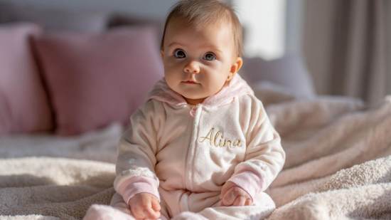 Bebé niña con pijama beige y rosa bordado con el nombre Alina