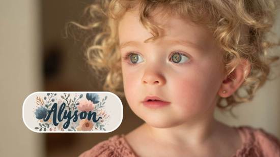 Una niña pequeña con expresión tierna y detalles decorativos que ilustran el nombre Alyson.
