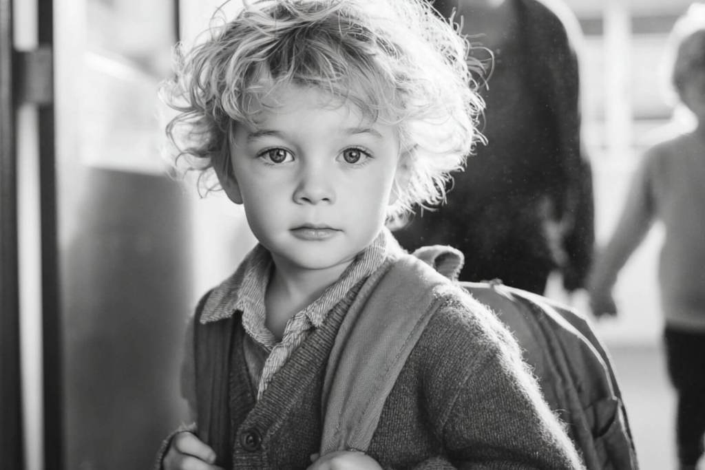 Niño pequeño con mochila en blanco y negro entrando al colegio, inicio del período de adaptación escolar.
