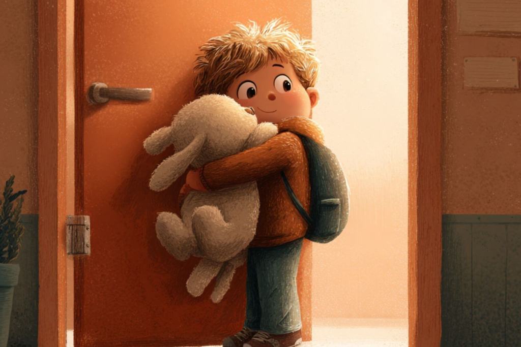 Niño pequeño con mochila abrazando un peluche en la puerta del colegio, reflejando emociones del período de adaptación.