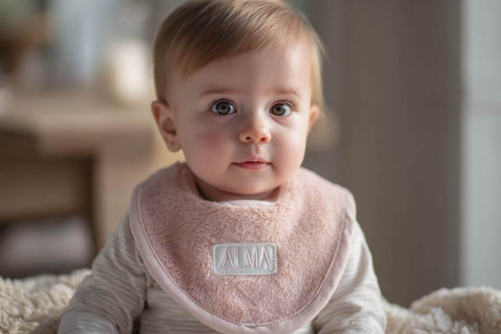 Bebé con mirada tierna, luciendo un babero rosa con el nombre ALMA bordado.