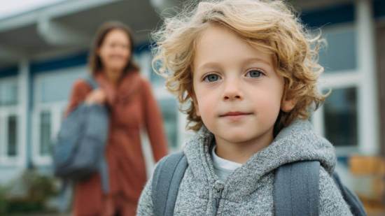 Niño rubio con mochila mirando a cámara en la entrada del colegio, con su madre al fondo.