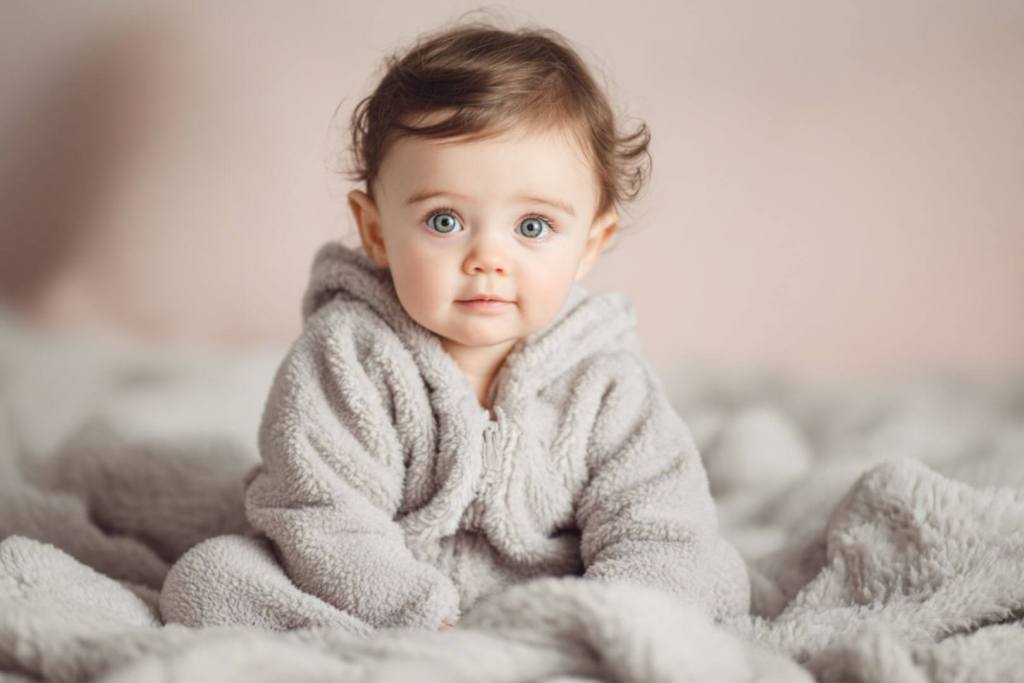 Bebé niña con pelo oscuro y ojos azules sentada sobre manta gris