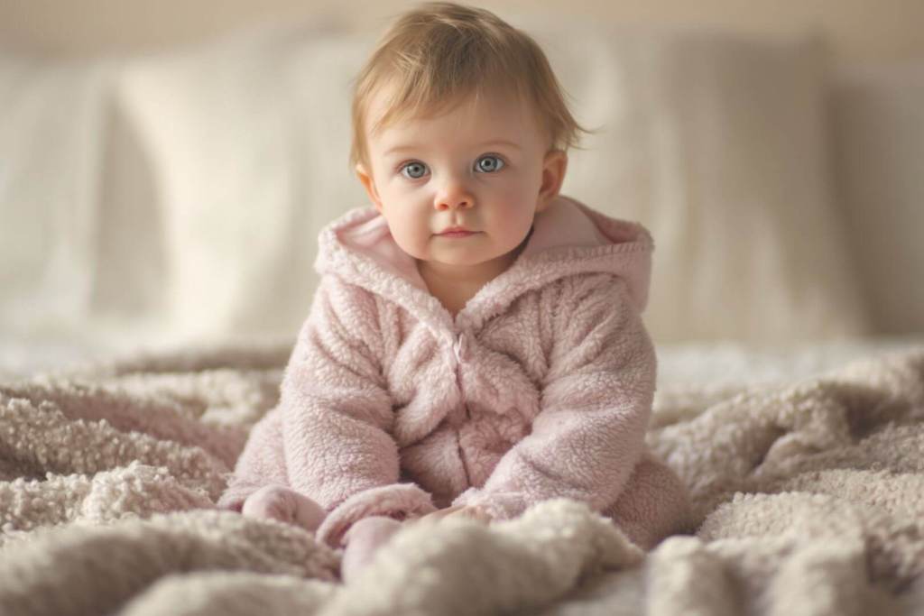 Bebé niña con abrigo rosa de peluche sentada en cama acogedora