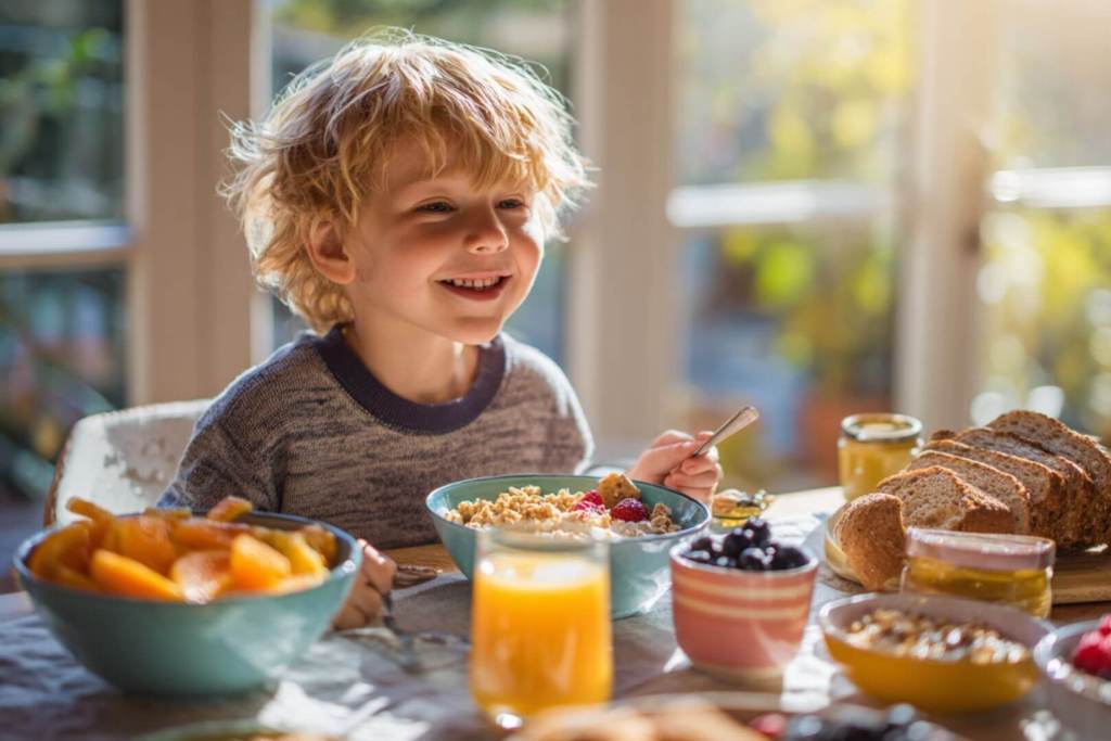 Niño rubio desayunando cereales fortificados con frutas, acompañado de jugo de naranja, pan integral y frutas frescas en mesa iluminada por el sol.