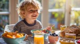 Niño rubio desayunando cereales fortificados con frutas, acompañado de jugo de naranja, pan integral y frutas frescas en mesa iluminada por el sol.